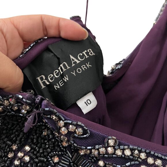 Reem Acra Womens Purple Beaded Sequin Silk Halter Evening Prom Formal Gown 10 - Picture 6 of 7